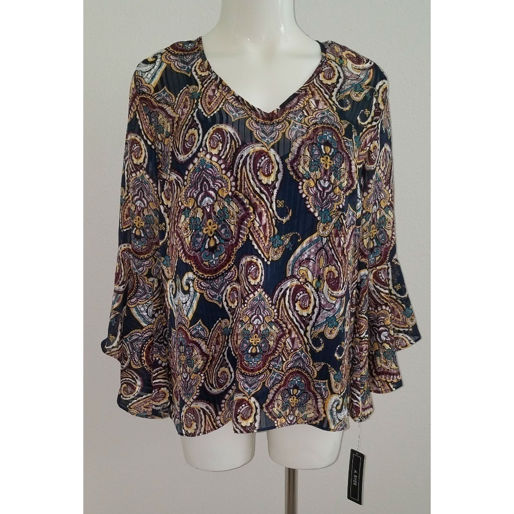NWT A Byer Blue Purple Paisley Sheer Shirt Attached Tank 3/4 Bell Sleeves MEDIUM